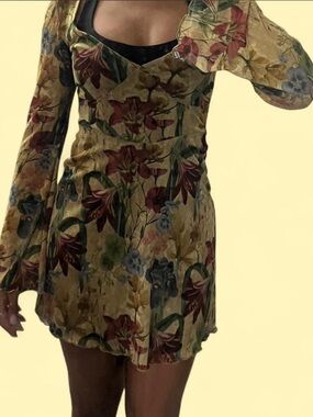 PrettyLittleThing Floral Long Sleeve Mini Dress in Mustard and Red